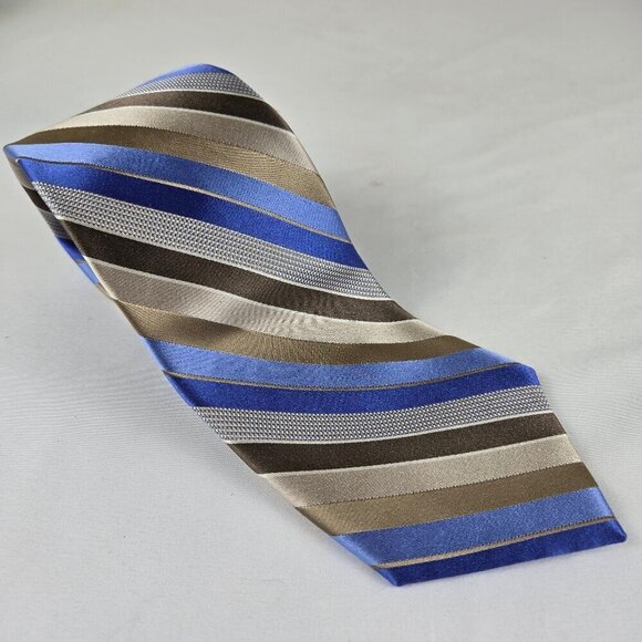MICHAEL Michael Kors 100% Silk Men's Tie Diagonally Striped Blue Tan Brown Cream - Picture 1 of 9